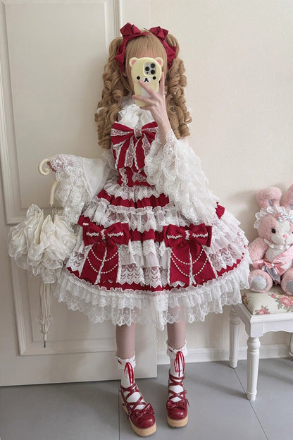 Wine Red Crossed Heart Knot Sleeveless Multi-Layered Ruffle Hanayome Cardigan Bow Lace Lace-Up Sweet Jsk Dress