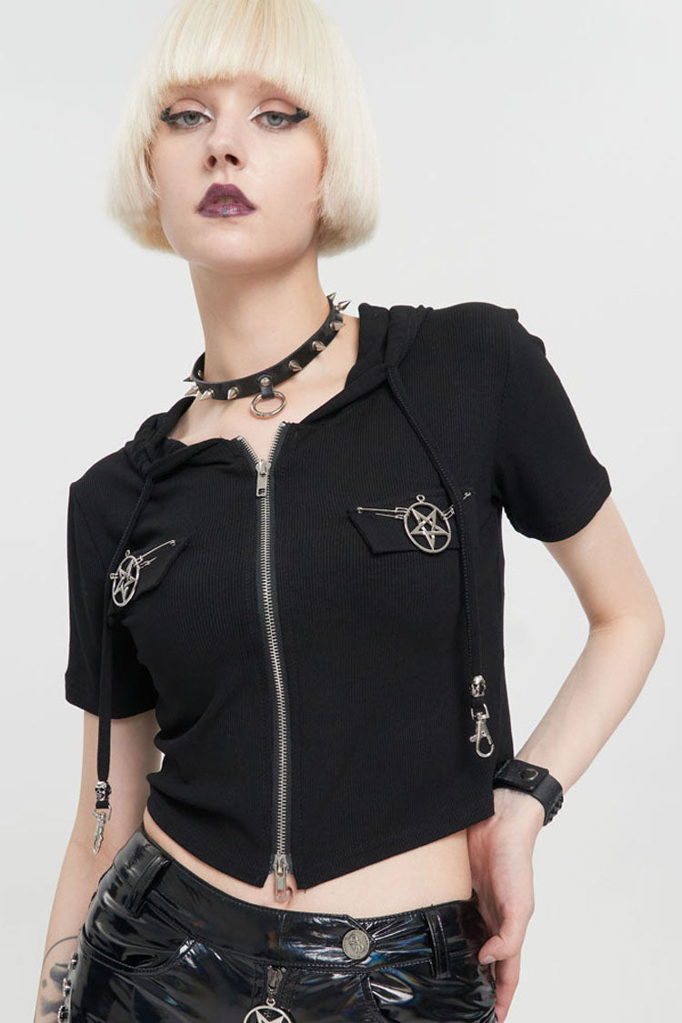 Front Zipper Double Pentagram Hooded Goth Tee