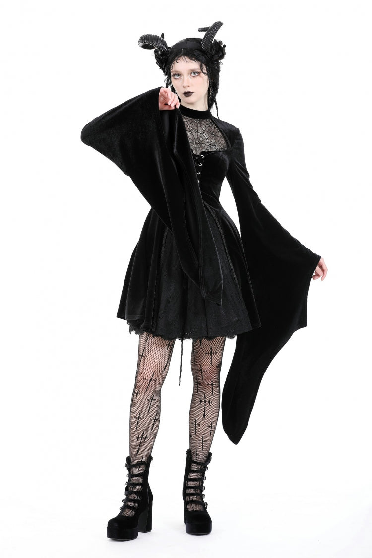Velvet Gothic Wedding Gown with Mesh and Lace-Up Details