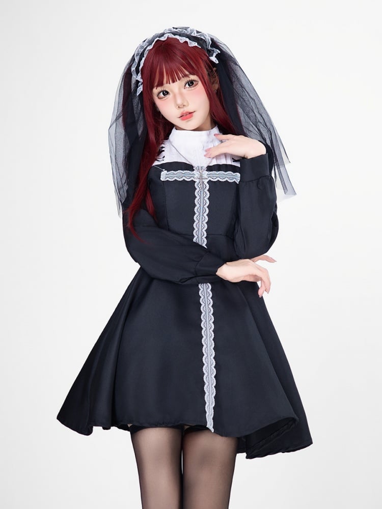 Halloween Gothic Nun Elegant Dress Costume