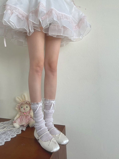 White/Black Bowknot Details Lace Ruffled Tulle Socks