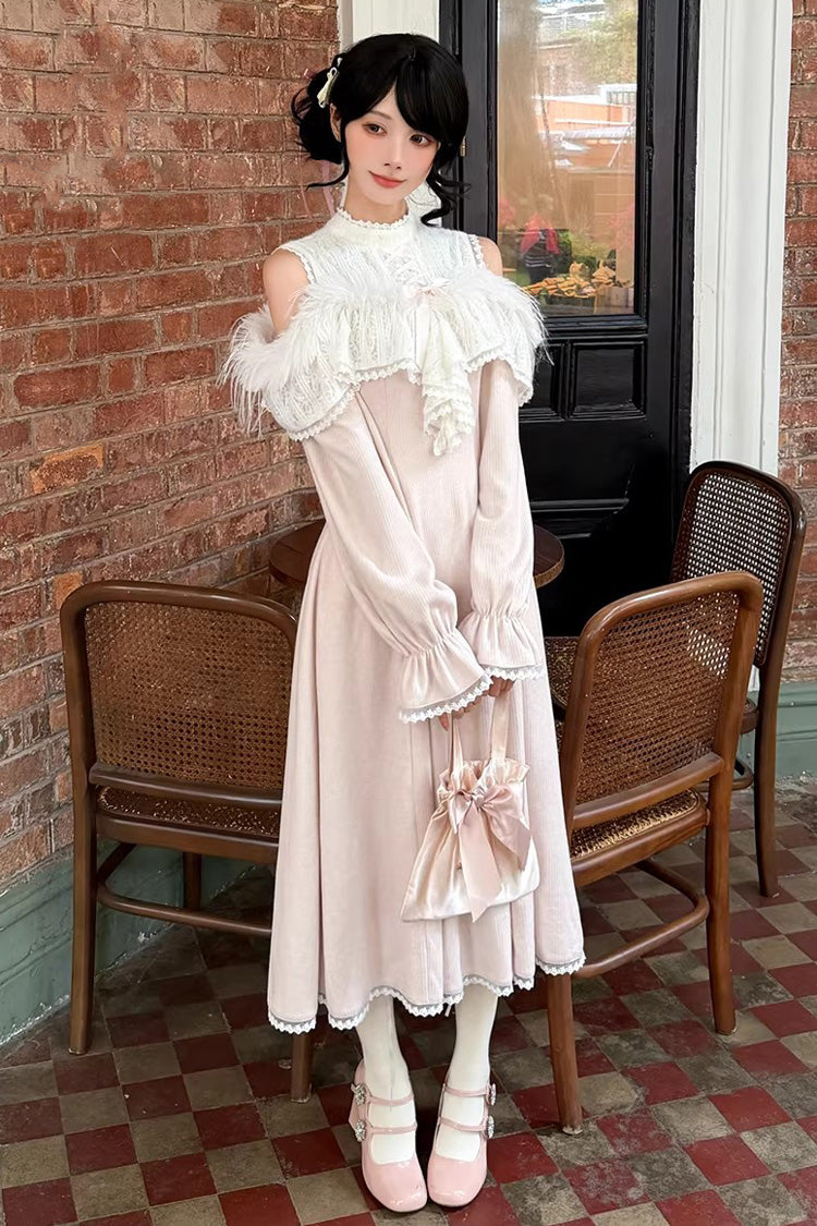 Rose Stand Collar Off-Shoulder Long Sleeve Lace Sweet Japanese Elegant Lolita Long Gown - Little Love Song