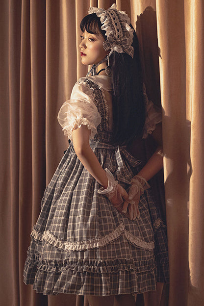 Black/White High-Waist Sweet Lolita JSK with Bow and Plaid Ruffles