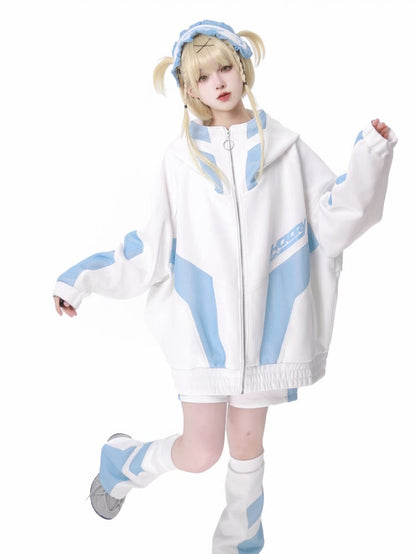 White and Blue Mesh Splicing Zip Hoodie Tenshi Kaiwai Sweatshirt