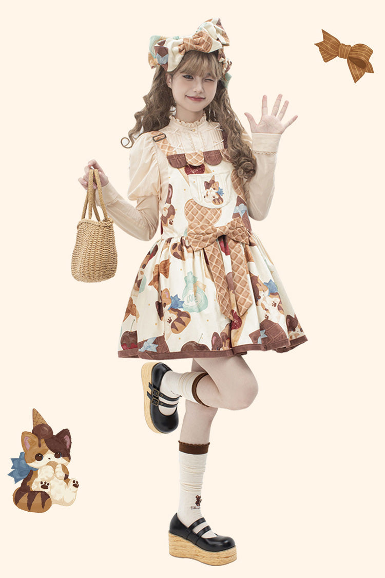 Multicolor Sleeveless Muffin Kitten Print Bow-Trim Sweet Lolita Strap Dress