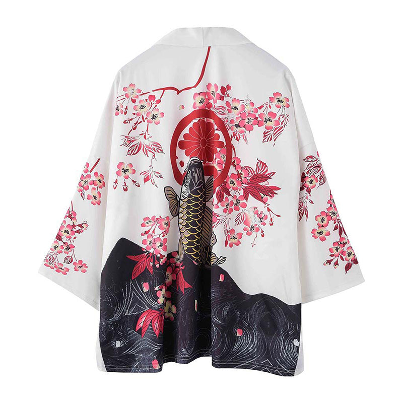 Schwarzer Kimono mit Fisch-Blumenmuster, Sonnenschutz