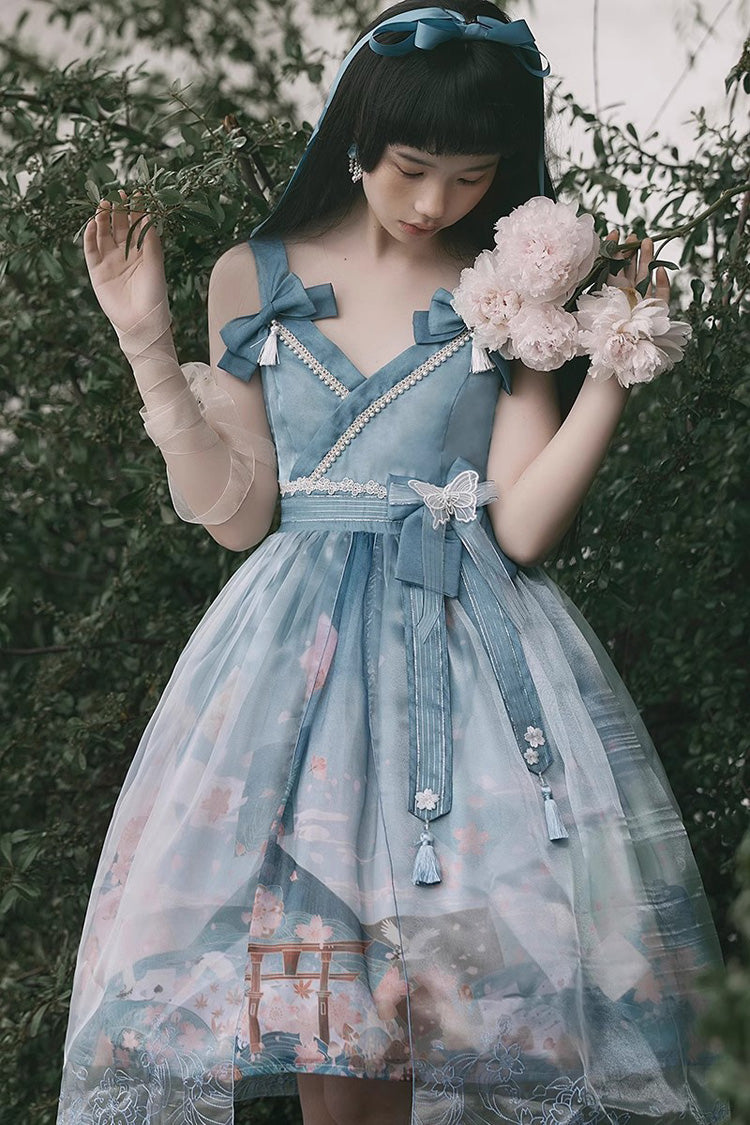 Colorful Fuji Sakura Print Bow Alice Lolita JSK Gown