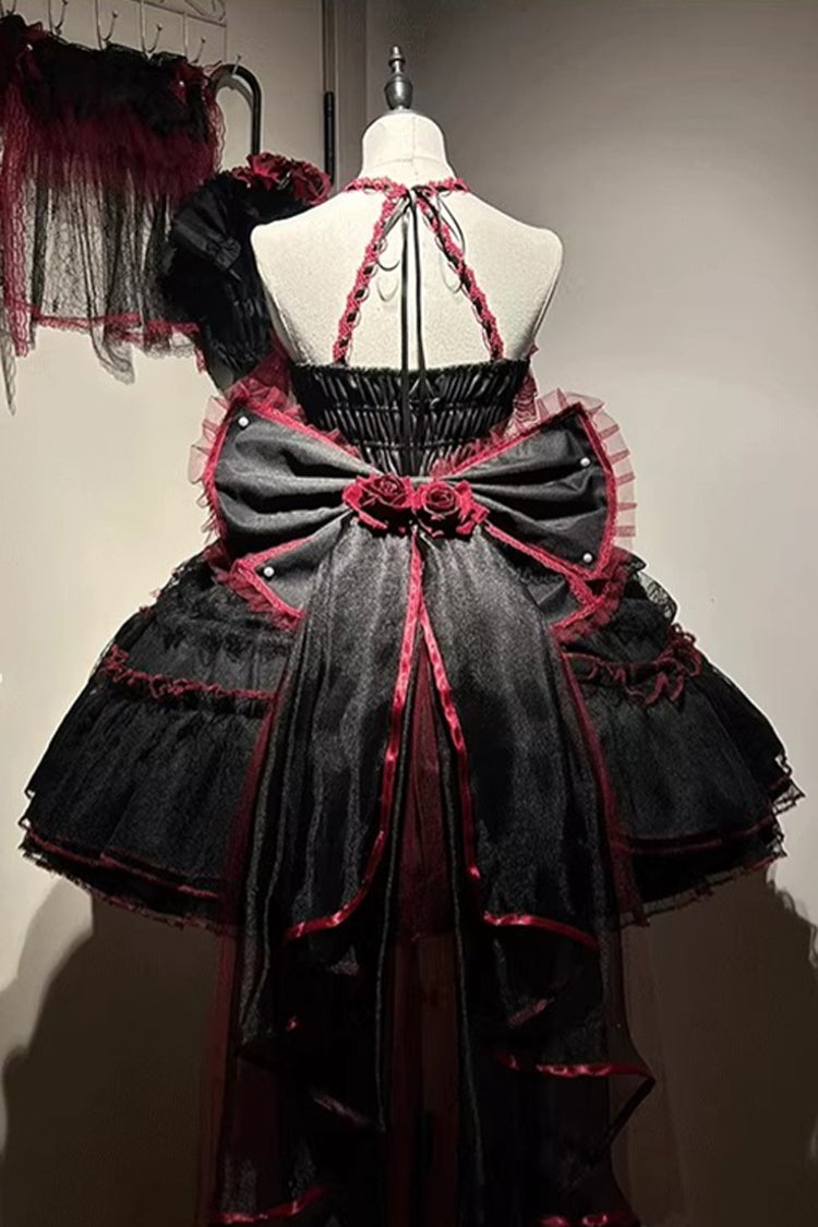 Layered Poem Halterneck Jacquard Lolita Dress with Bow - Noir