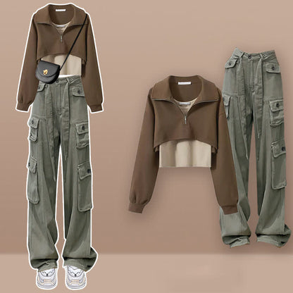 Zipper Lapel T-Shirt Vest Pockets Cargo Pants Set