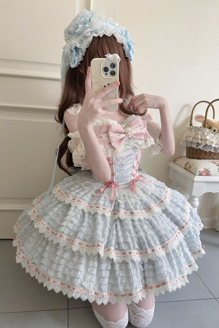 Blue Floral Letters Song Sleeveless Triple-Layered Bow Lace-Up Sweet Lolita Jsk Dress