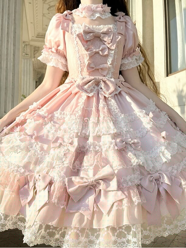 Pink Bow Accents High Waist Sweet Princess Lolita Dress with Detachable Sleeves