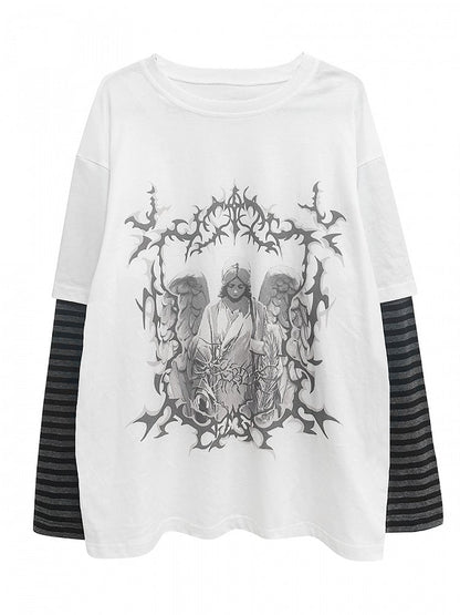 White Dark Kawaii Striped Sleeves T-shirt