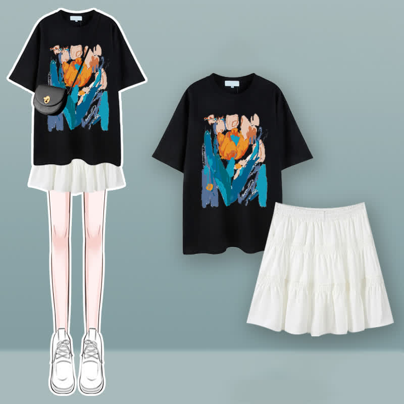 T-Shirt-Set mit Faltenrock und Tulpen-Kirschblüten-Print