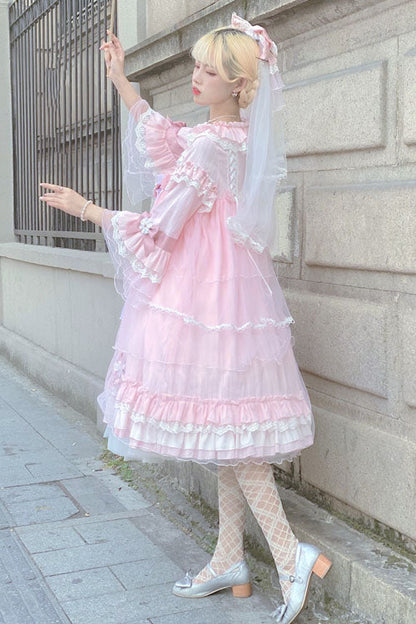 Red OP Tiered Dress Sweet Lolita Trumpet Sleeves Bowknot Ruffled - Altfashion Shop