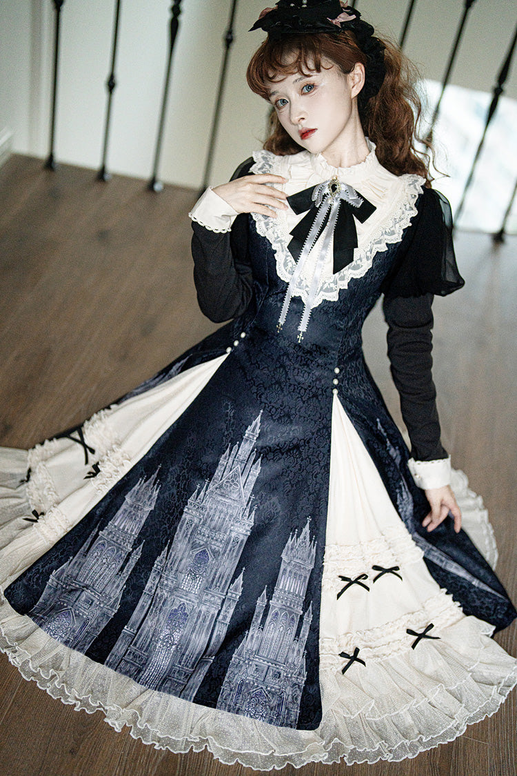Black White Bell Print Ruffle Bow Lolita Dress