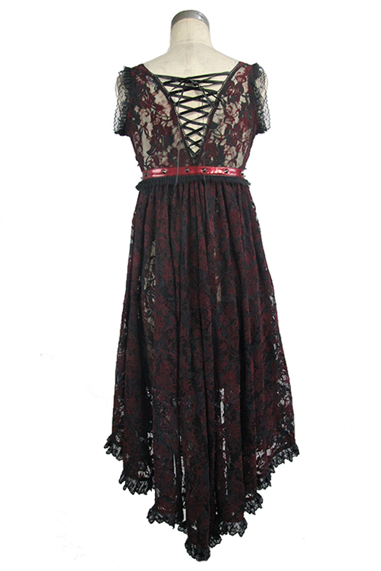 Waist Knot Back Lace-Up Frill Hem Sleeveless Rose Mesh Gothic Tee