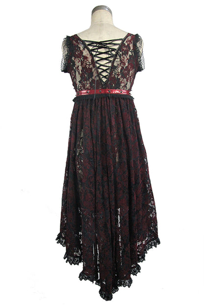 Waist Knot Back Lace-Up Frill Hem Sleeveless Rose Mesh Gothic Tee