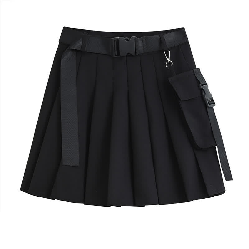 Black Cool Buckle Strap Zipper Crop Top Belted Pleated Skirt