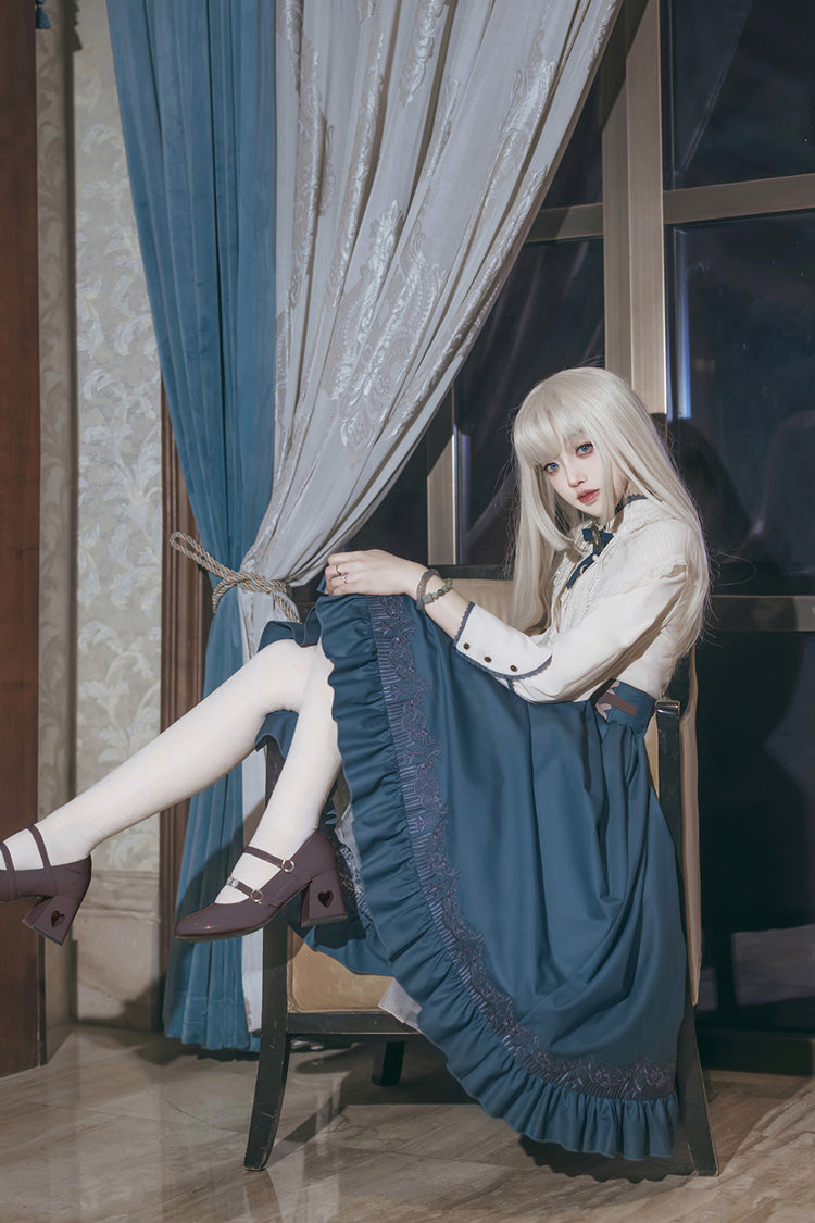 Blue Ruffle Embroidered Lace-Up Sweet College Elegant Lolita Skirt