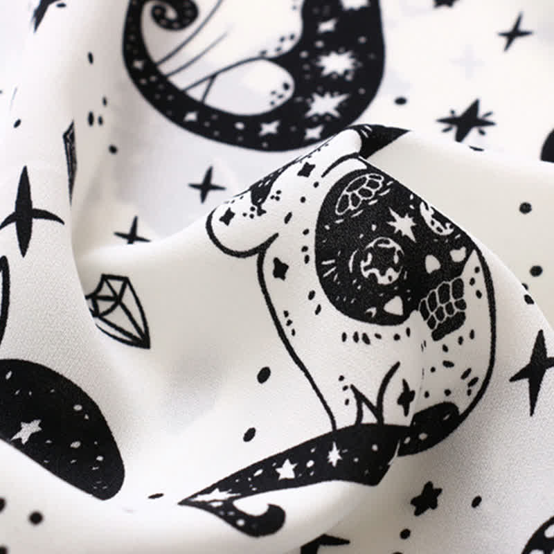 Black White Kitty Print Lapel Chiffon Shirt