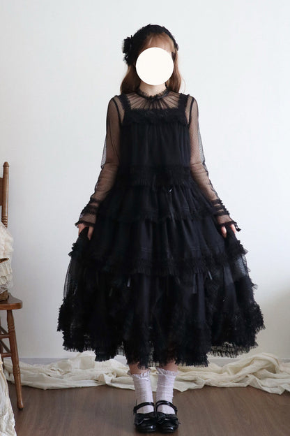 Sweet Stand Collar Long Sleeve Multi Layer Ruffle Color Block Lolita Tiered Dress 14 Colors