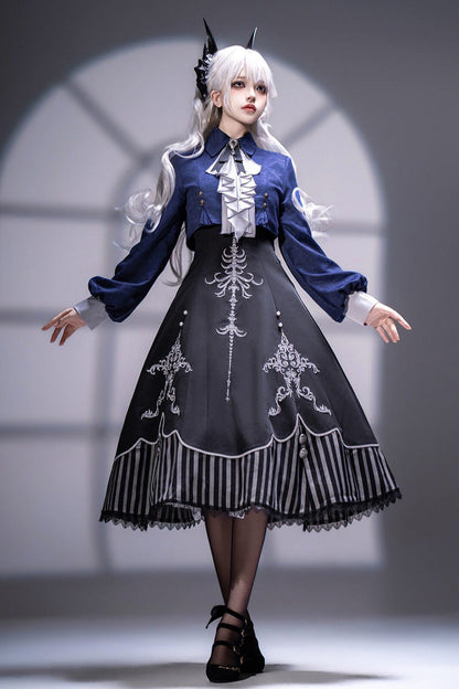 Embroidered Gothic Vintage Jumper Dress Set - Black