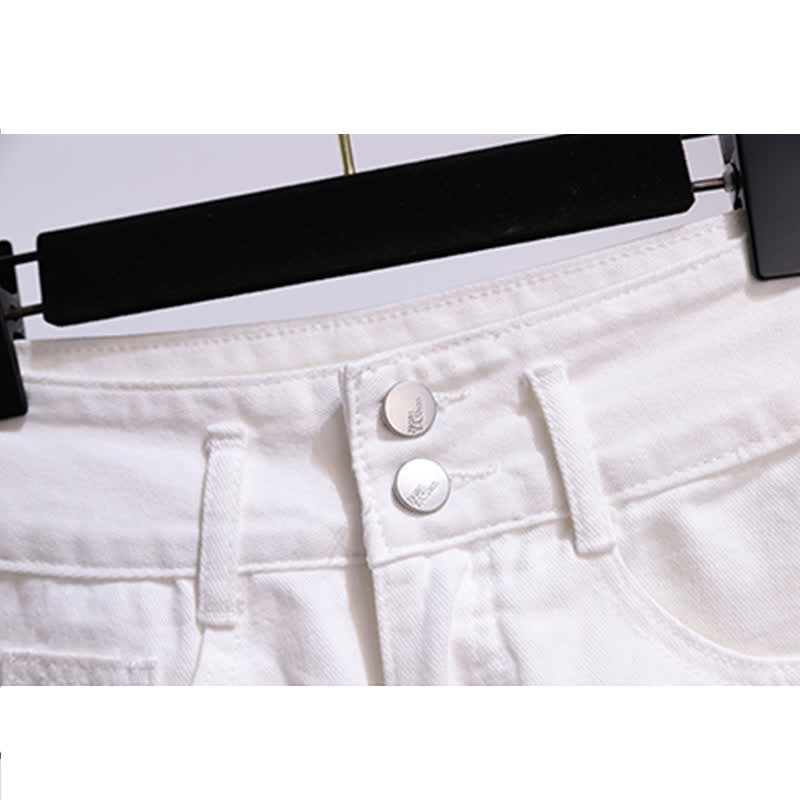 Chic Shorts Pocket Lapel T-Shirt Stripe Denim Ripped