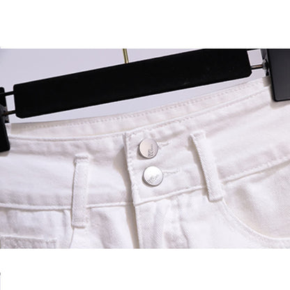 Chic Shorts Pocket Lapel T-Shirt Stripe Denim Ripped