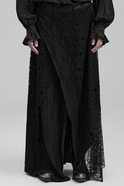 Men's Gothic Long Skirt with Mesh and Ripped Edges