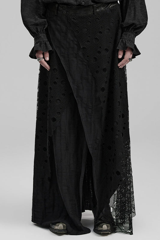 Men's Gothic Long Skirt with Mesh and Ripped Edges