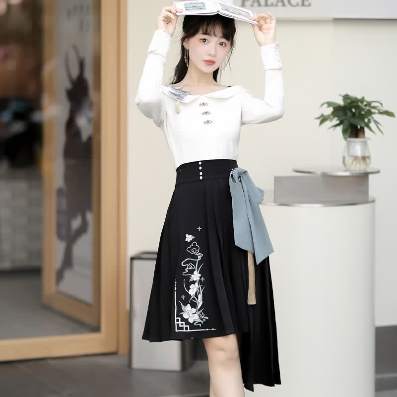 Sweet Embroidery Off The Shoulder Butterfly Shirt Irregualr Bow Pleated Skirt