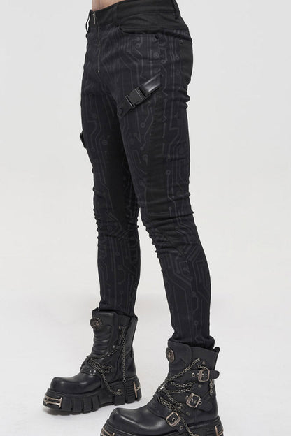 Mens Asymmetric Trousers with Circuit Print