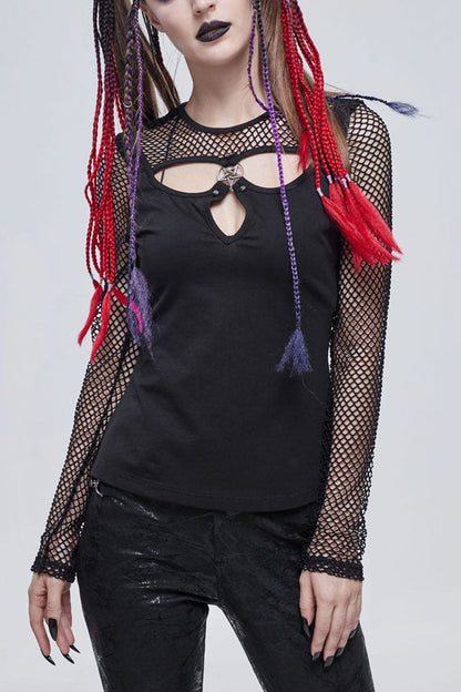 Occult Star Embroidered Deep V Mesh Knit Cotton Tee