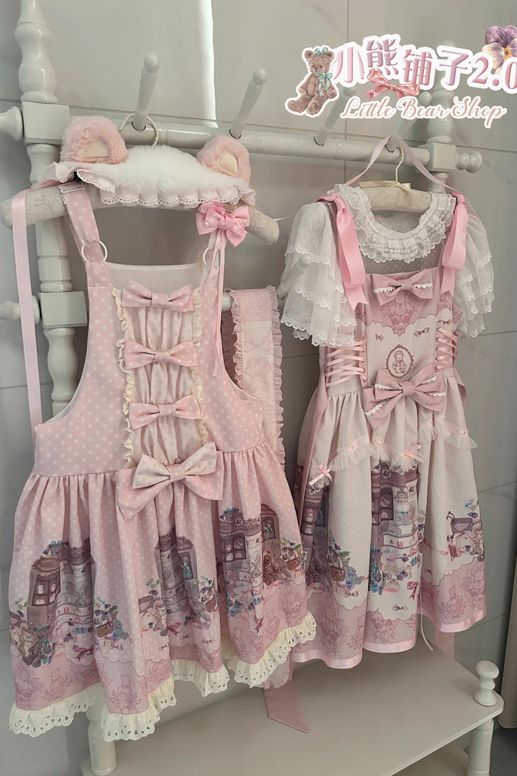 Pink Print Sleeveless Bow Lace Sweet Princess Lolita Jumper and Strap Gown - Little Bear Shop