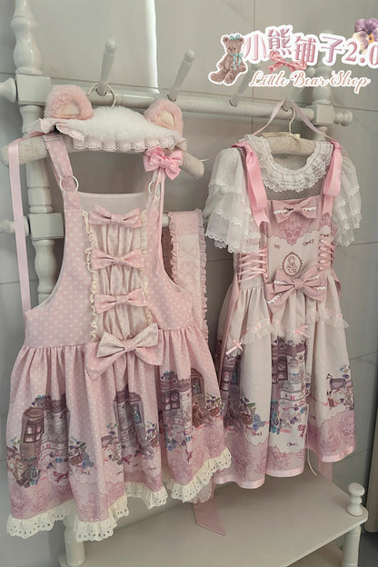 Pink Print Sleeveless Bow Lace Sweet Princess Lolita Jumper and Strap Gown - Little Bear Shop