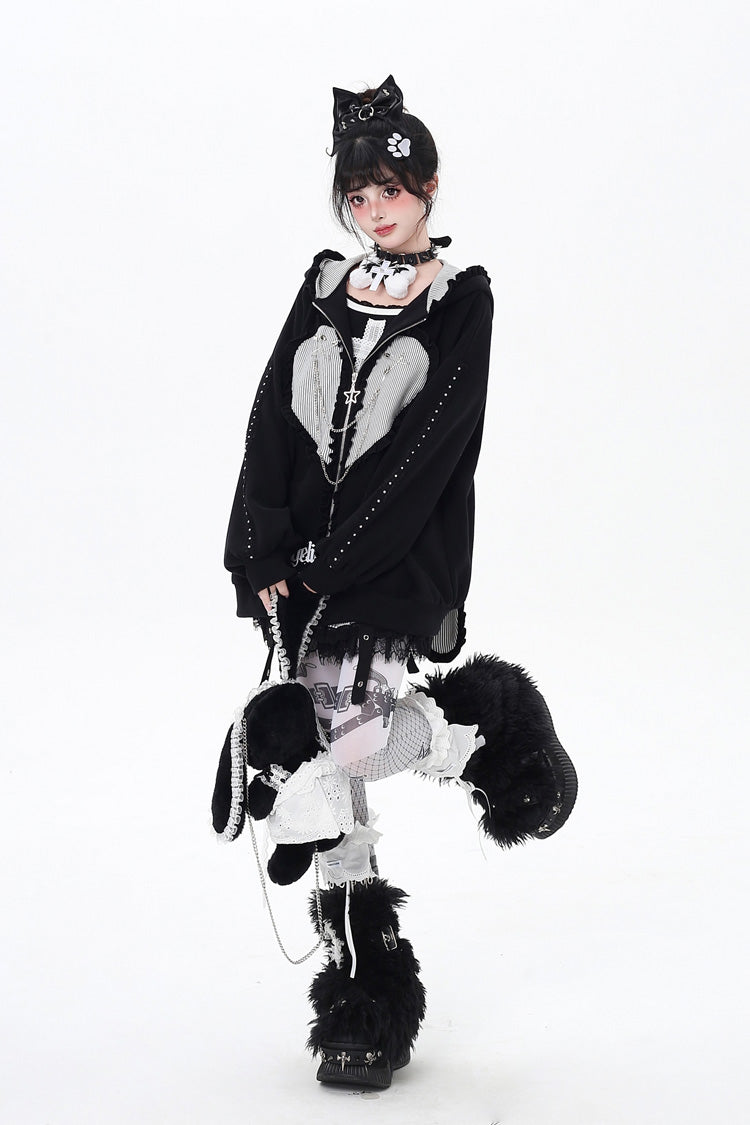 Striped Bunny Ear Hooded Heart Print Embroidery Coat Two Colors