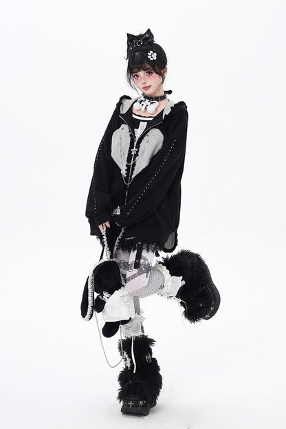 Striped Bunny Ear Hooded Heart Print Embroidery Coat Two Colors