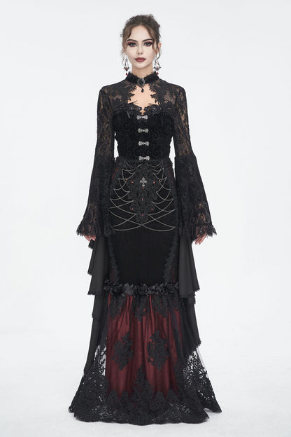 Women's Dark Blouse with Flared Sleeves and Lace Trim