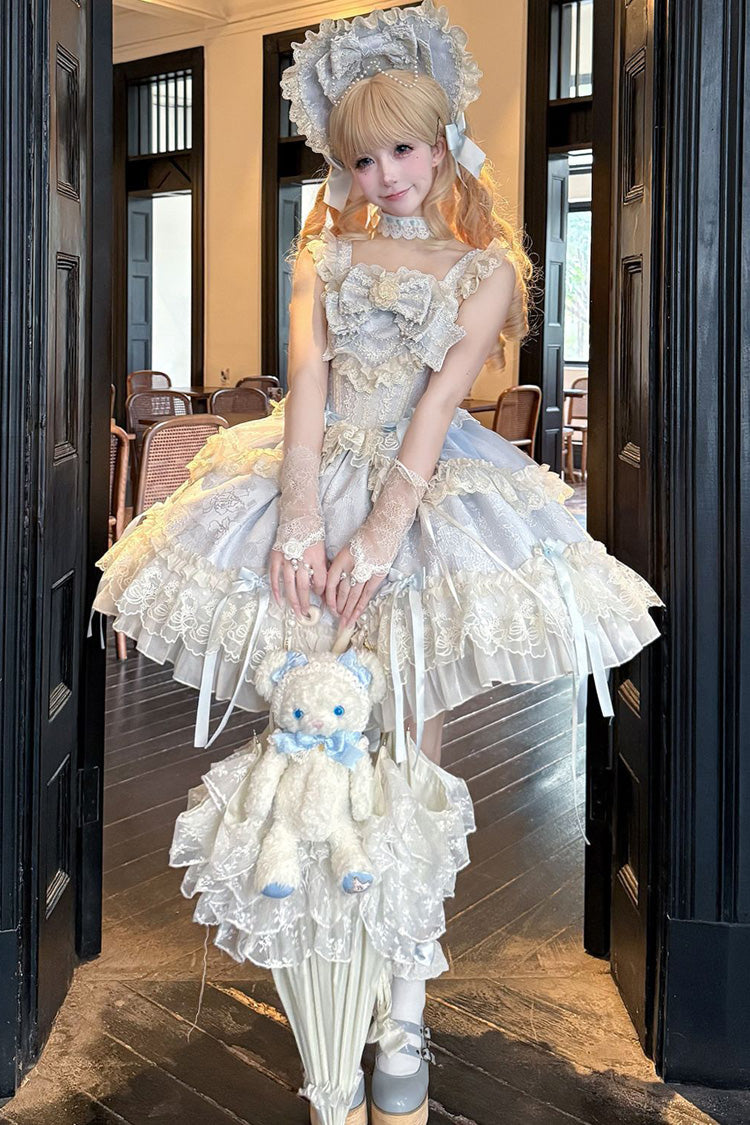 Blue Blossoming Heart Love Sleeveless Dark Jacquard Print Bow Lace Sweet Lolita Jsk Dress