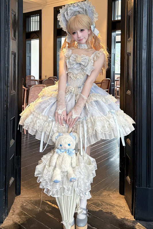 Blue Blossoming Heart Love Sleeveless Dark Jacquard Print Bow Lace Sweet Lolita Jsk Dress