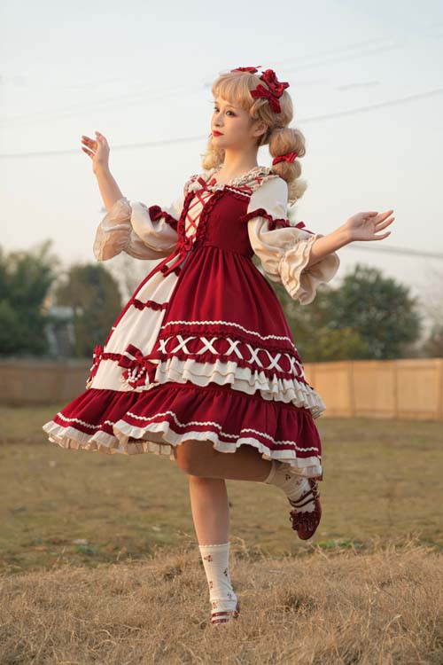 Sweet Lolita OP Dress with Square Neck and Ruffled Long Sleeves