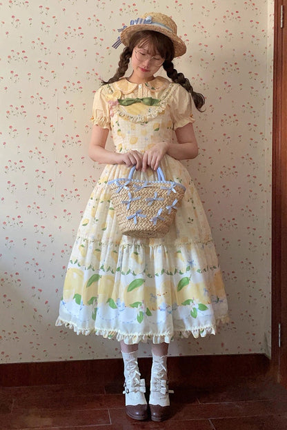 Lemon Chicken Print Ruffle Bow Lace Sweet Lolita JSK Long in Yellow