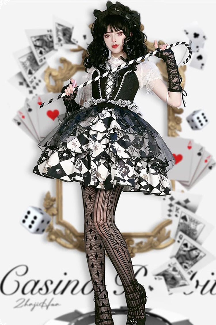 Black White Board Games Triple-Layer Print Ruffle Vintage Lolita Skirt