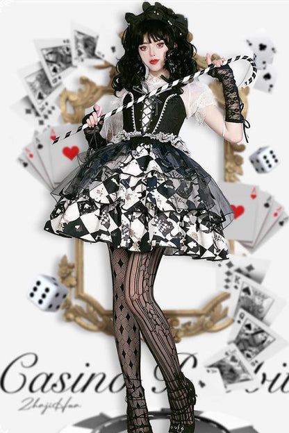 Black White Board Games Triple-Layer Print Ruffle Vintage Lolita Skirt