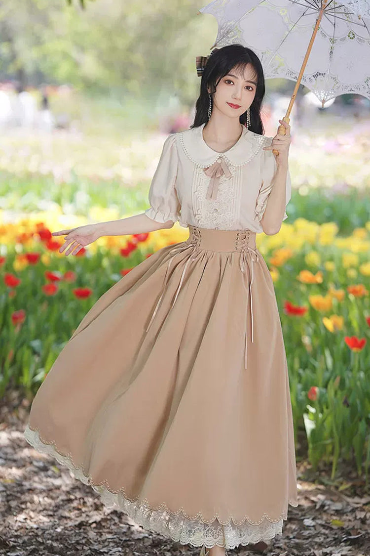 Solid Color Lapel Collar Short Sleeves High Waist Lace-Up Wave Hem Classic Lolita Two-Piece Set 7 Colors