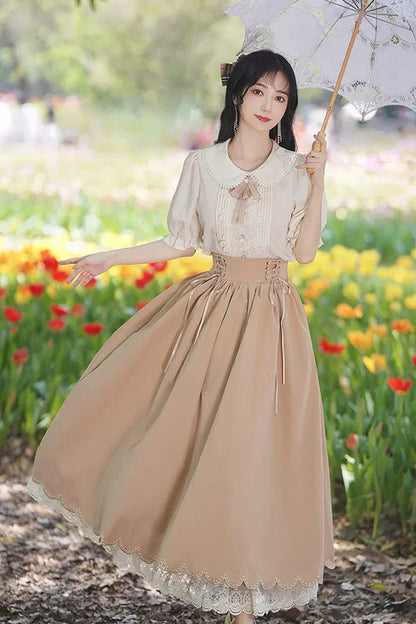 Solid Color Lapel Collar Short Sleeves High Waist Lace-Up Wave Hem Classic Lolita Two-Piece Set 7 Colors