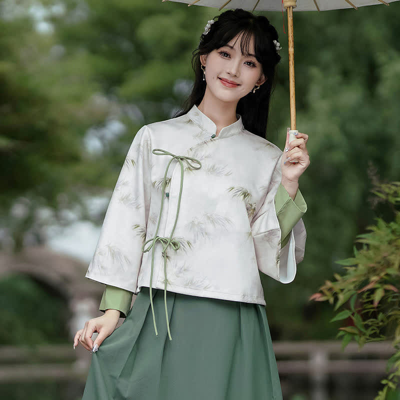 Waist Sweatshirt Vintage Bamboo Pleated Skirt Print High