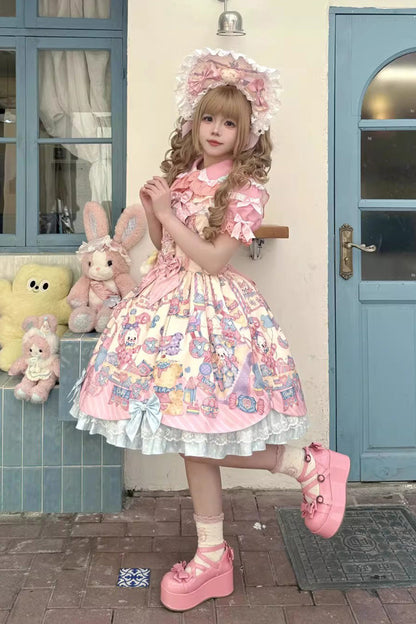 Cream Yellow Rainbow Buffy Bunny Sleeveless Double Layer Ribbon Doll Print Ruffle Bow Sweet Lolita JSK Set