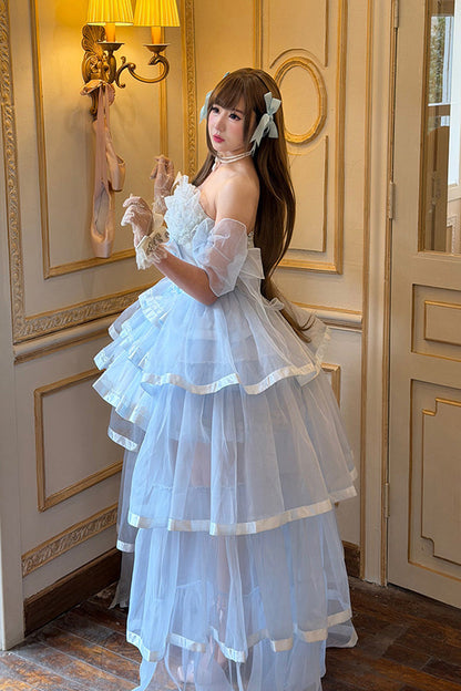 Off-Shoulder Sleeveless Triple-Ruffle Ballet Dress Set with Bow