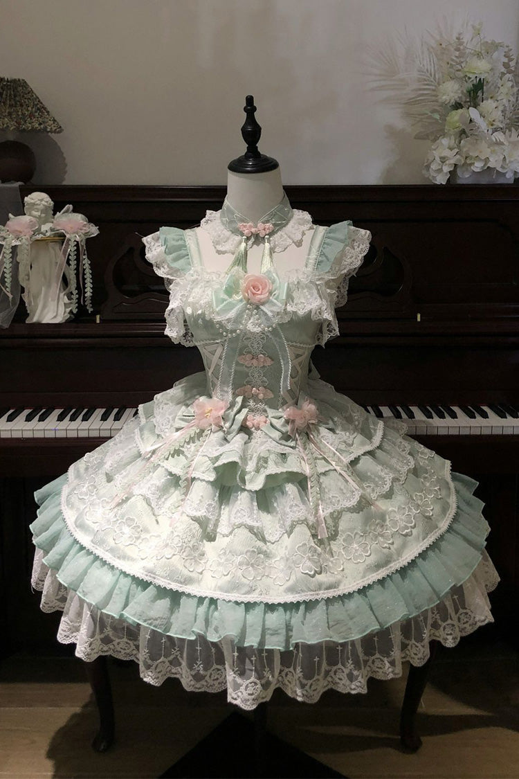 Emerald Rain of Peaches Sleeveless Bowknot Lace Chinese Lolita JSK